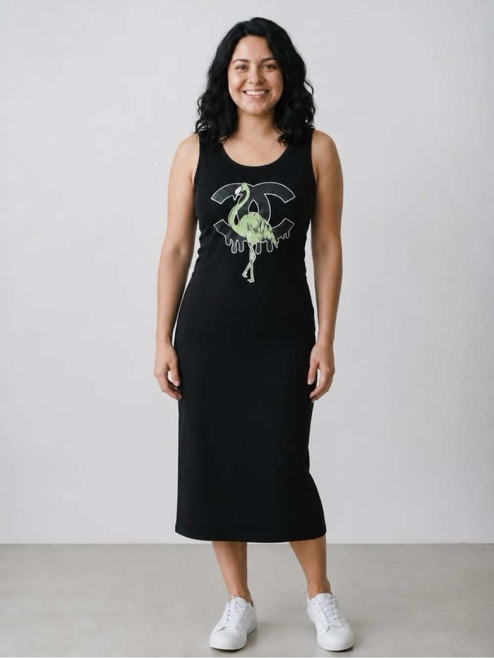Black Tank Midi Dress with Green Flamingo Logo| bodycon dress Black dress